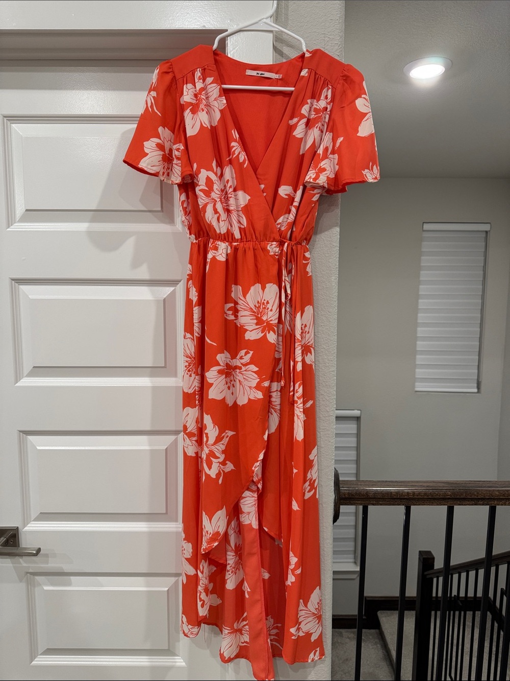 Mi Ami Brand New Orange/Coral Floral High-Low Wrap Dress, size Small